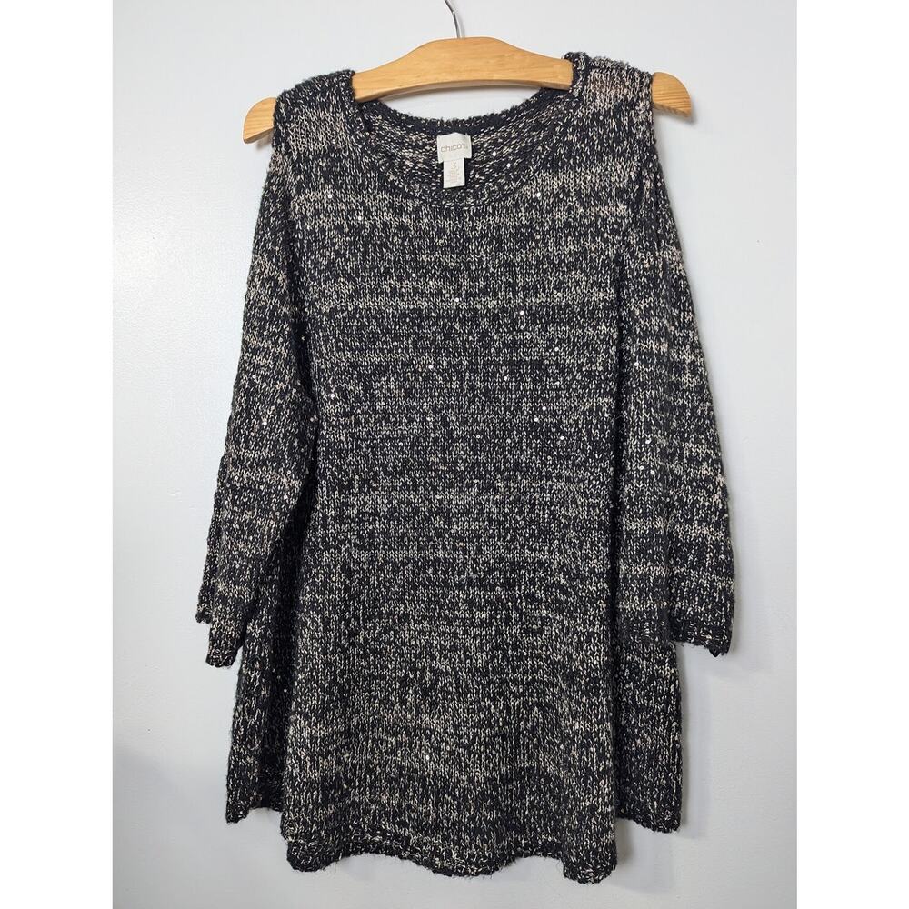 Chicos Size 3 XL Black Gold Sweater Pullover Cold Shoulder Sequins 3/4 Sleeve